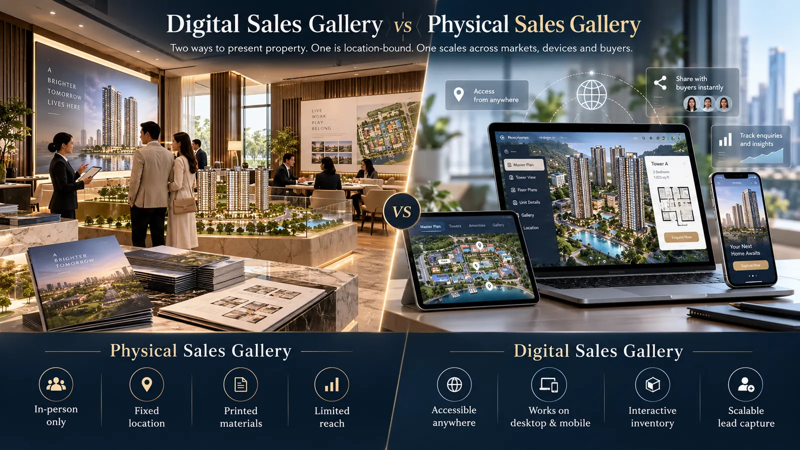 A digital sales gallery experience shown alongside a physical sales gallery setting