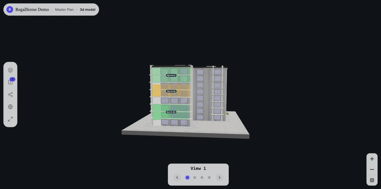 A 3D building model in RegalScene with clickable units carrying live availability