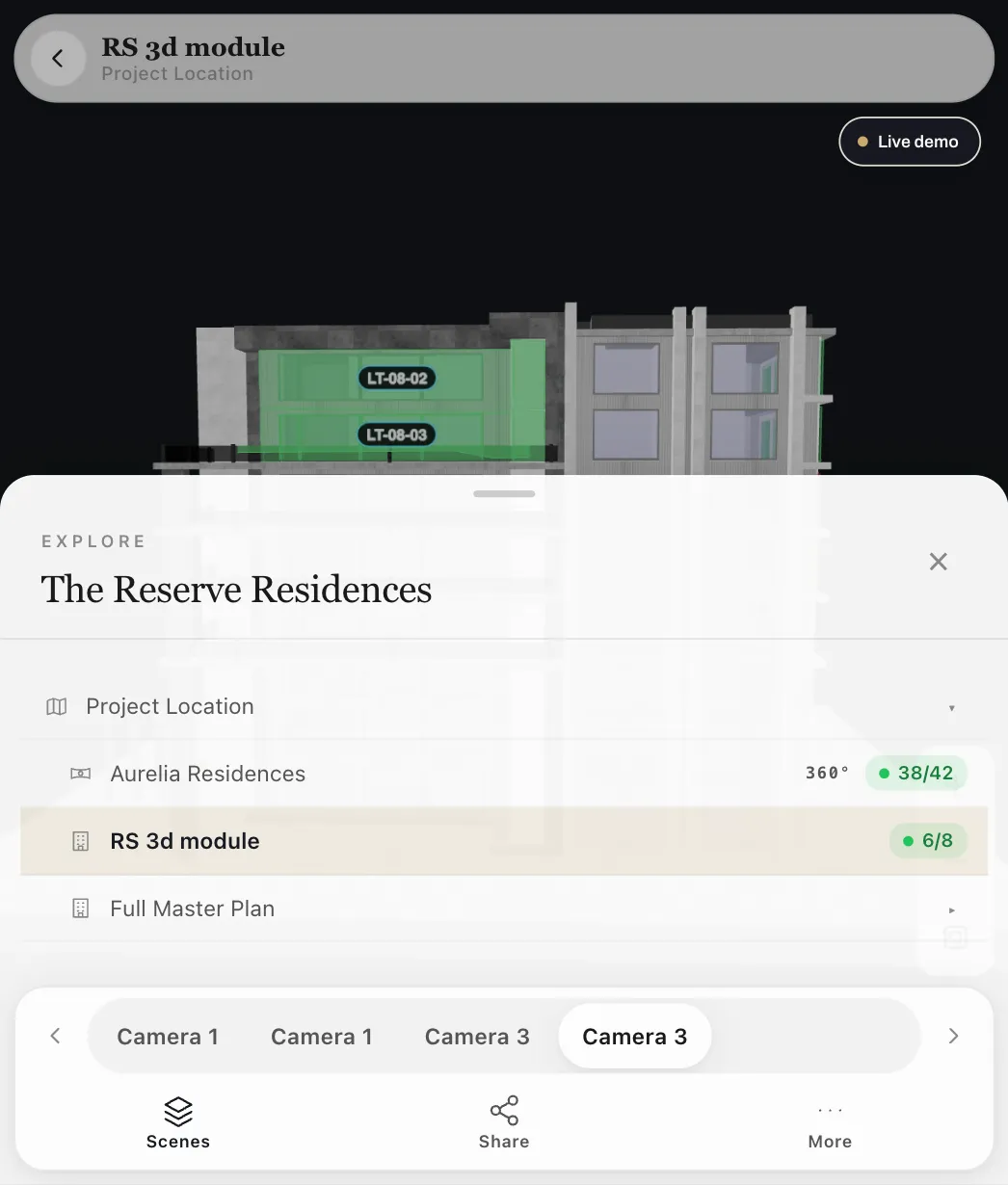 The experience's scene list showing the 3D building module alongside a 360 tour and the full master plan, each a scene in the same project journey
