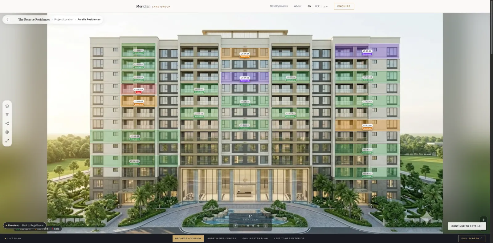 Building facade with every unit selectable and colored by live availability