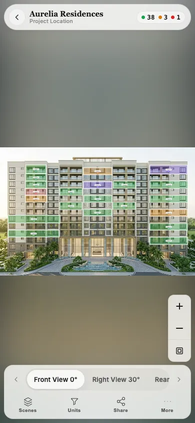 Building explorer on mobile, with unit availability read directly on the facade