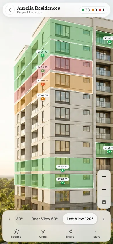 Units as tappable overlays on the building, colored by status, on mobile