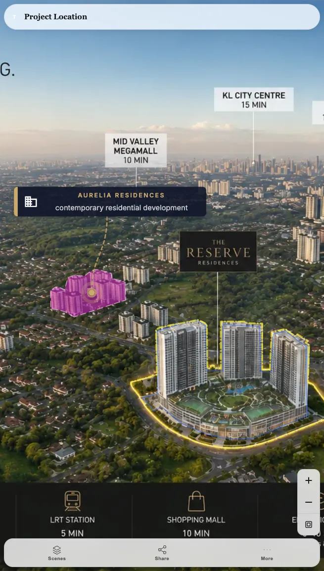 An interactive master plan running on a phone, with the development mapped and buildings tappable