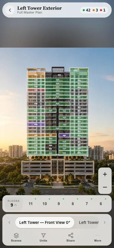 Tower floor selector on mobile with unit overlays for each level