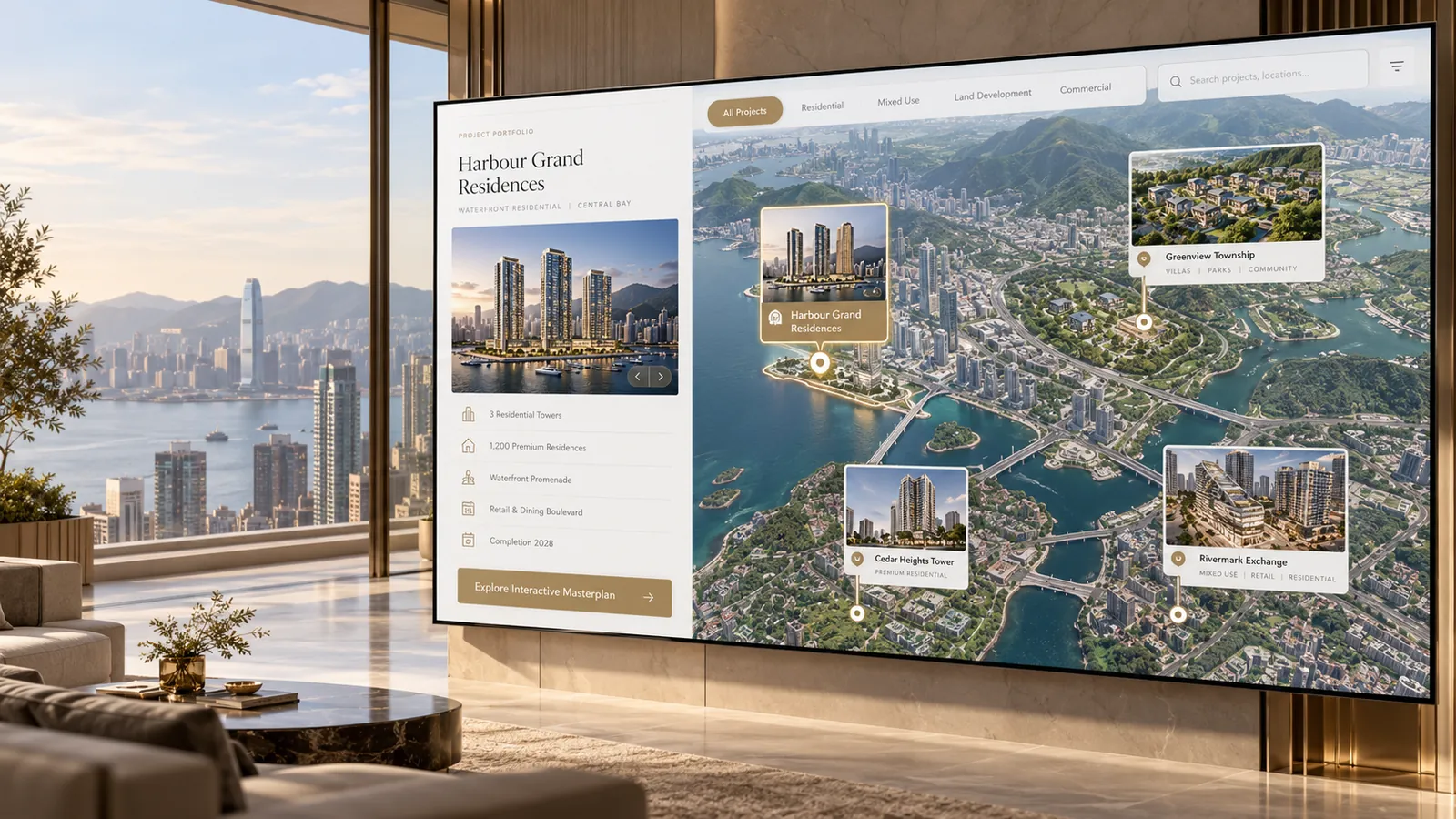A portfolio map with several property developments pinned across a region, one of them selected