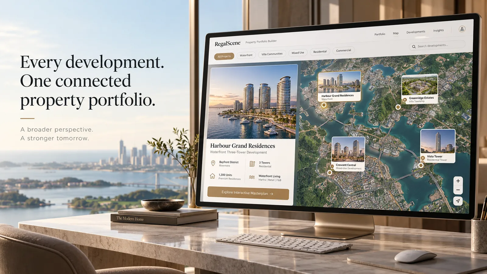 A property portfolio shown on a desktop screen, with several developments gathered in one place