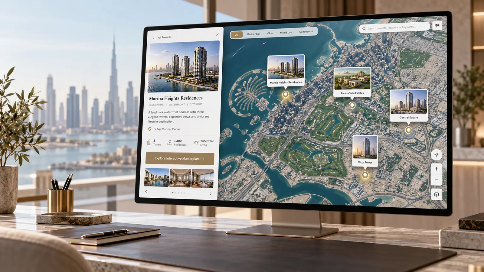 A project preview panel open beside a portfolio map, with an action to open the masterplan