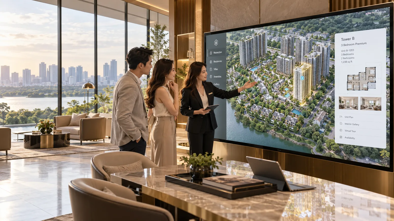 A buyer couple moving through a project's residences, villas and amenities on a sales gallery screen