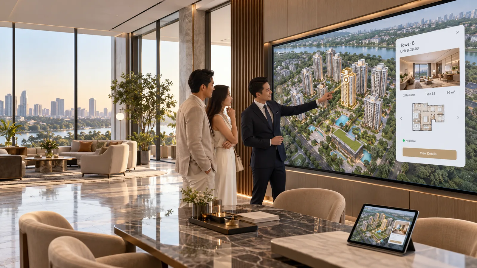 A specific tower unit open on the gallery screen with its floor plan and availability