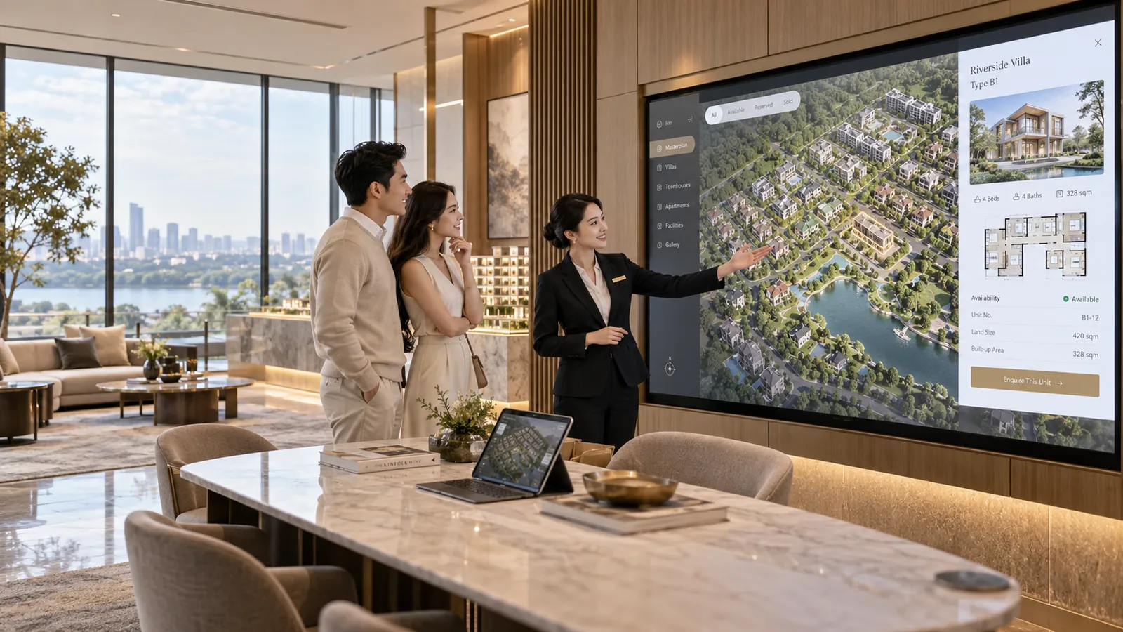 A villa precinct filtered to available units, with a unit detail panel and an enquiry action open