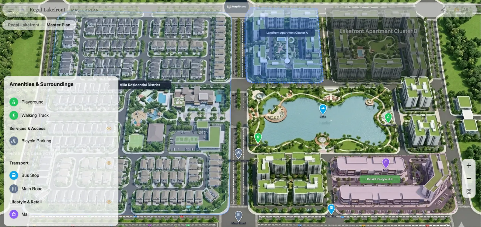 Interactive township master plan with villa district, apartment clusters, lakefront amenities, and retail hub as navigable zones