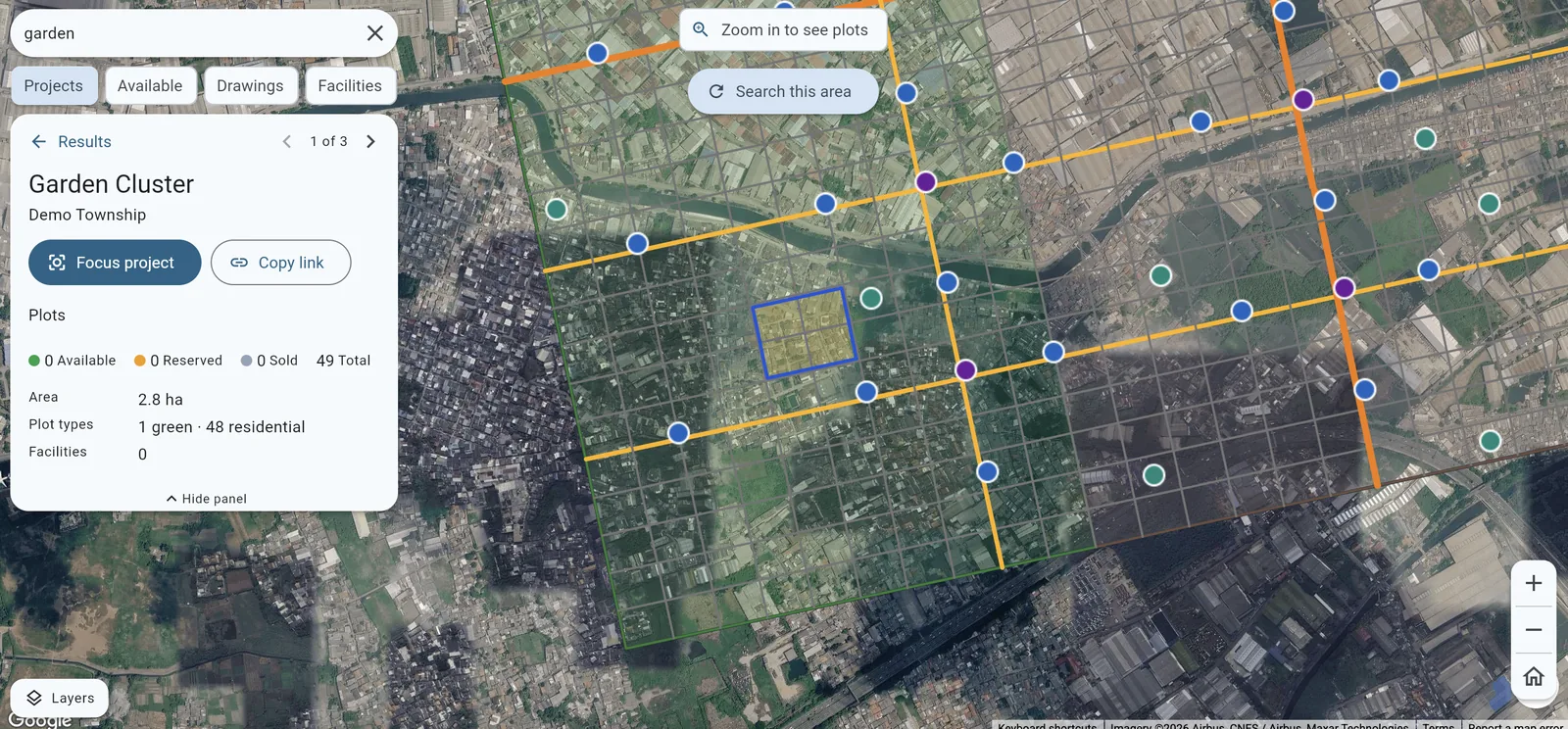 A search for a project name returning matching results, with the matched development highlighted on the map