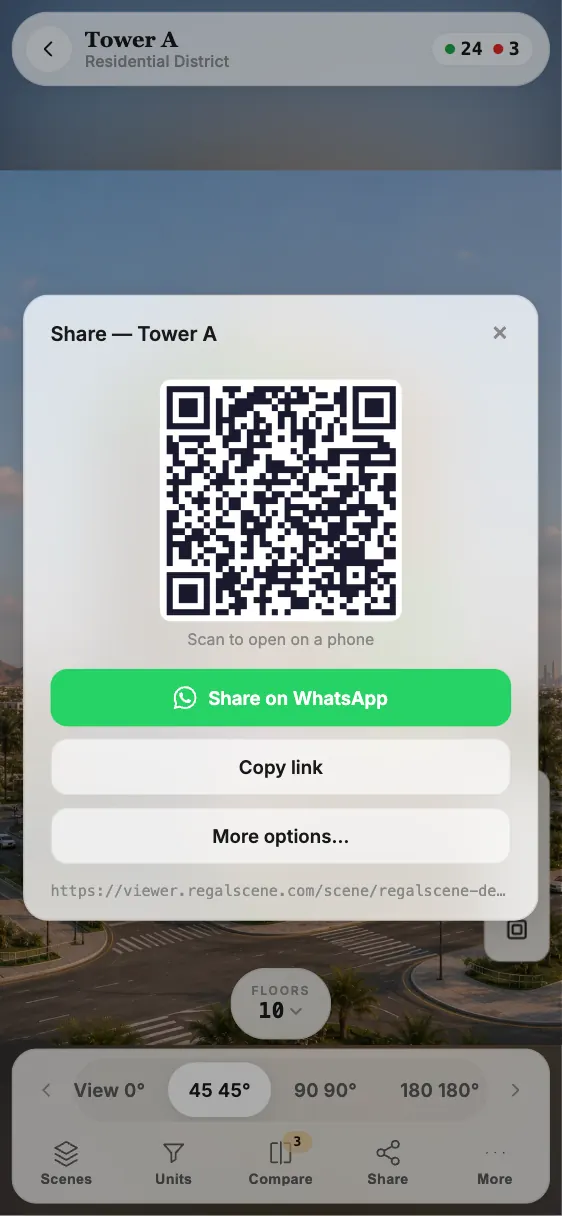 مشاركة مبنى من داخل التجربة برمز QR أو عبر واتساب