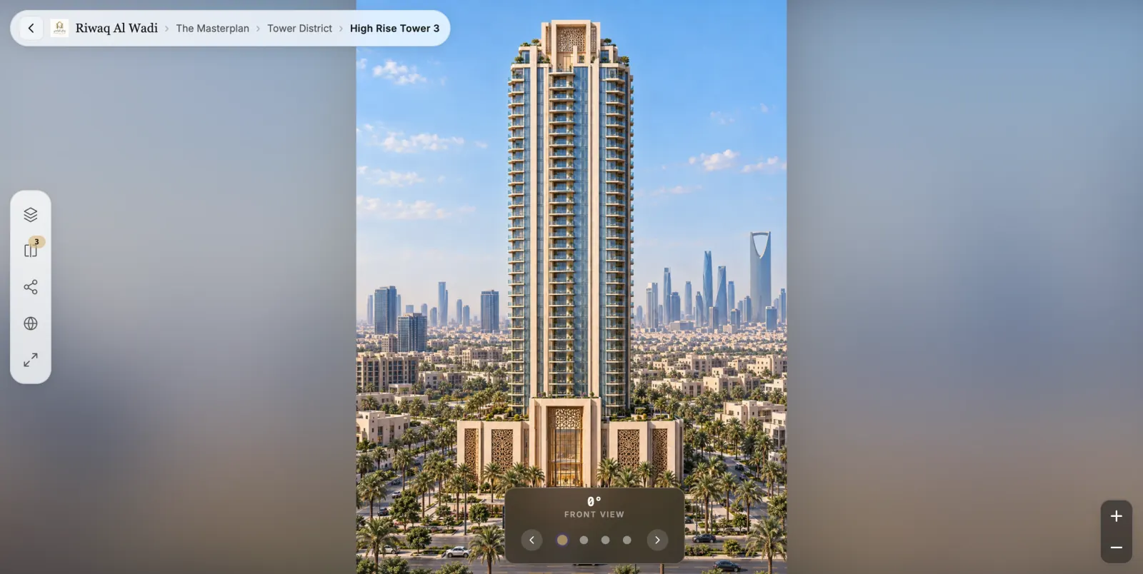 عرض 360 درجة لبرج سكني من الواجهة الأمامية