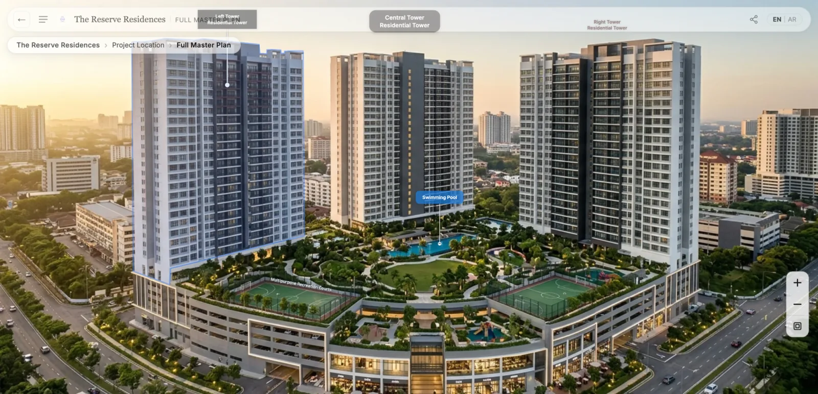 Interactive residential master plan showing three towers with clickable hotspots