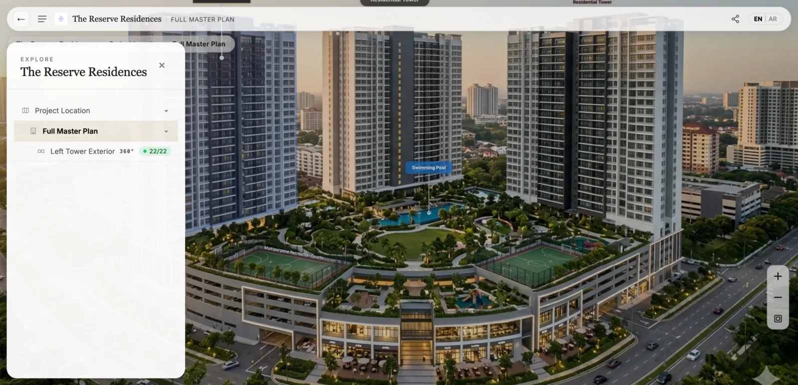 Interactive master plan with an Explore navigation tree linking project location, master plan, and building scenes