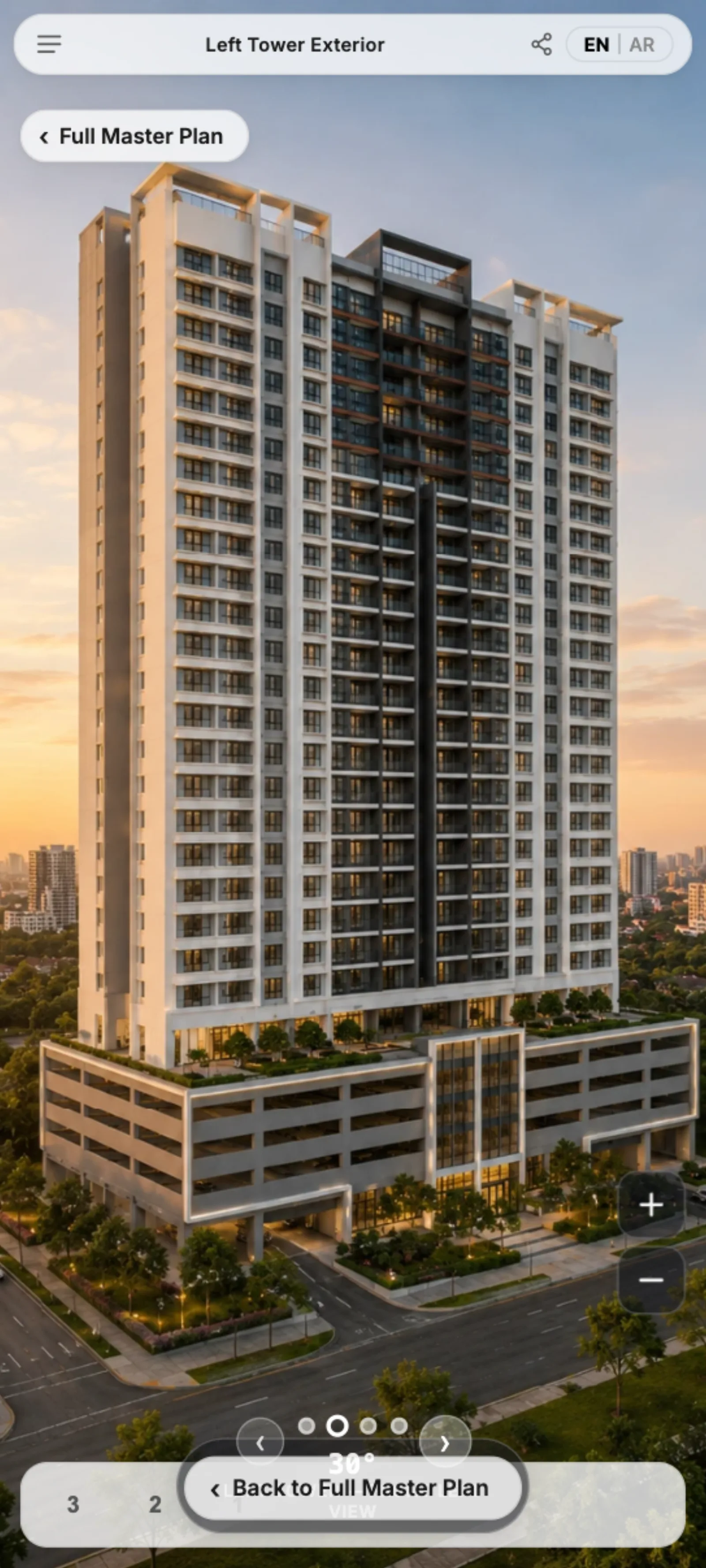 Interactive 360-degree building explorer showing a residential tower rotated to a 30-degree angle view