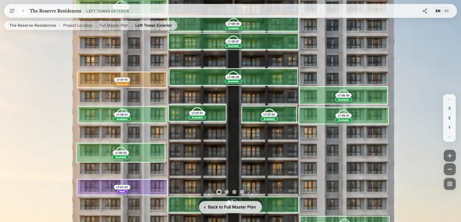 Building facade with units color-coded by live status