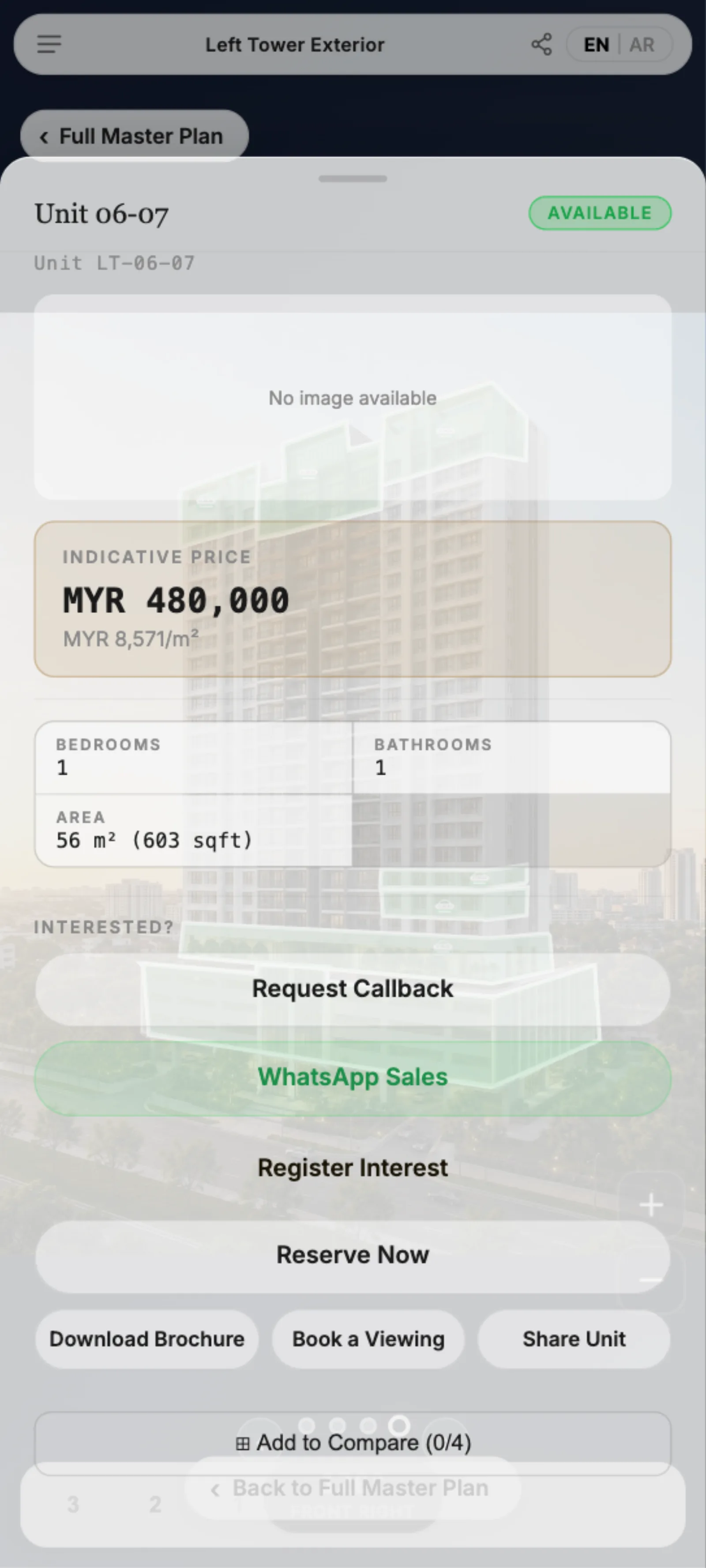 Unit detail panel showing indicative price, bedrooms, bathrooms, and area with WhatsApp, callback, and reserve actions
