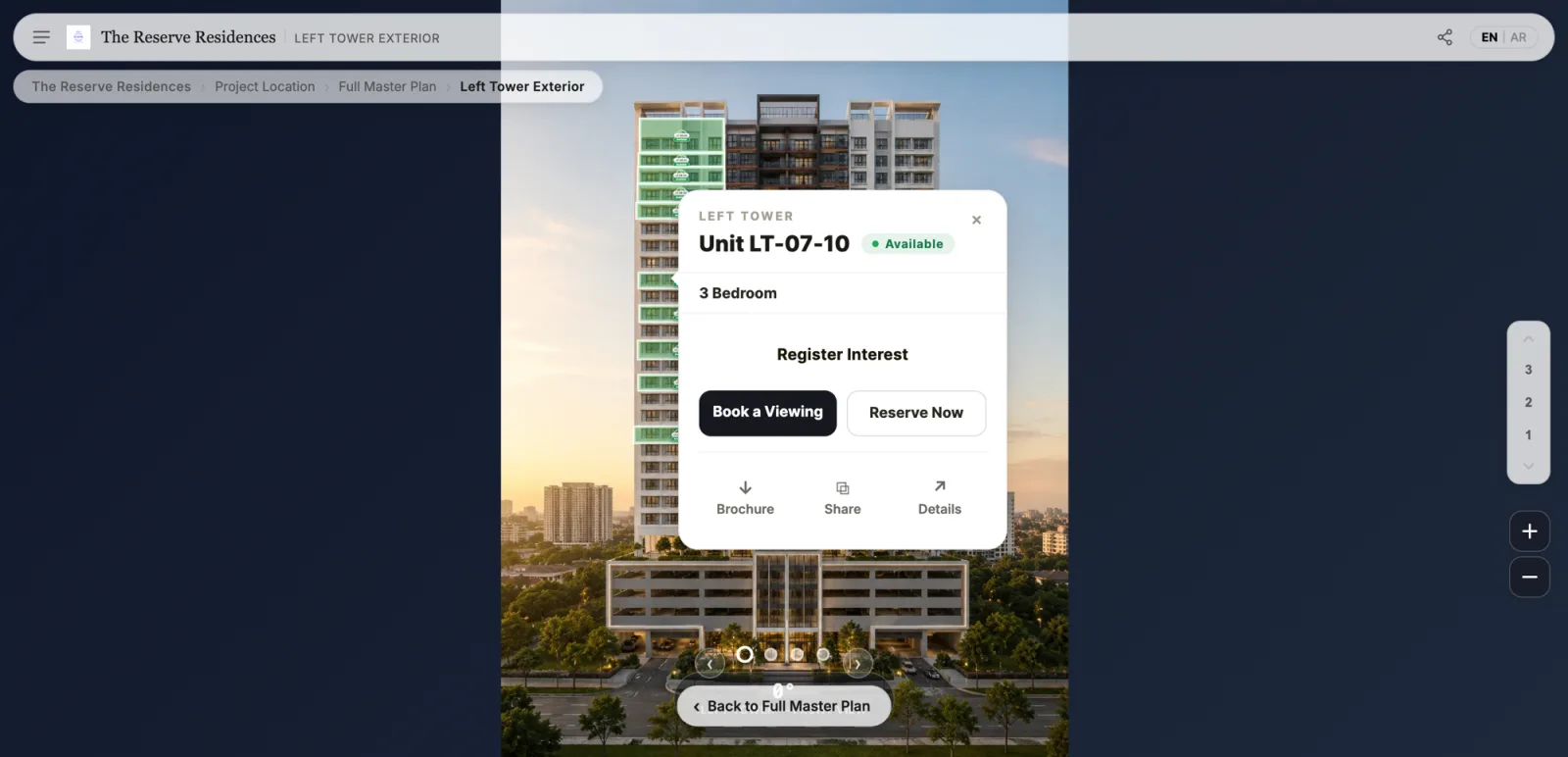 Unit detail with book a viewing, reserve, and brochure actions