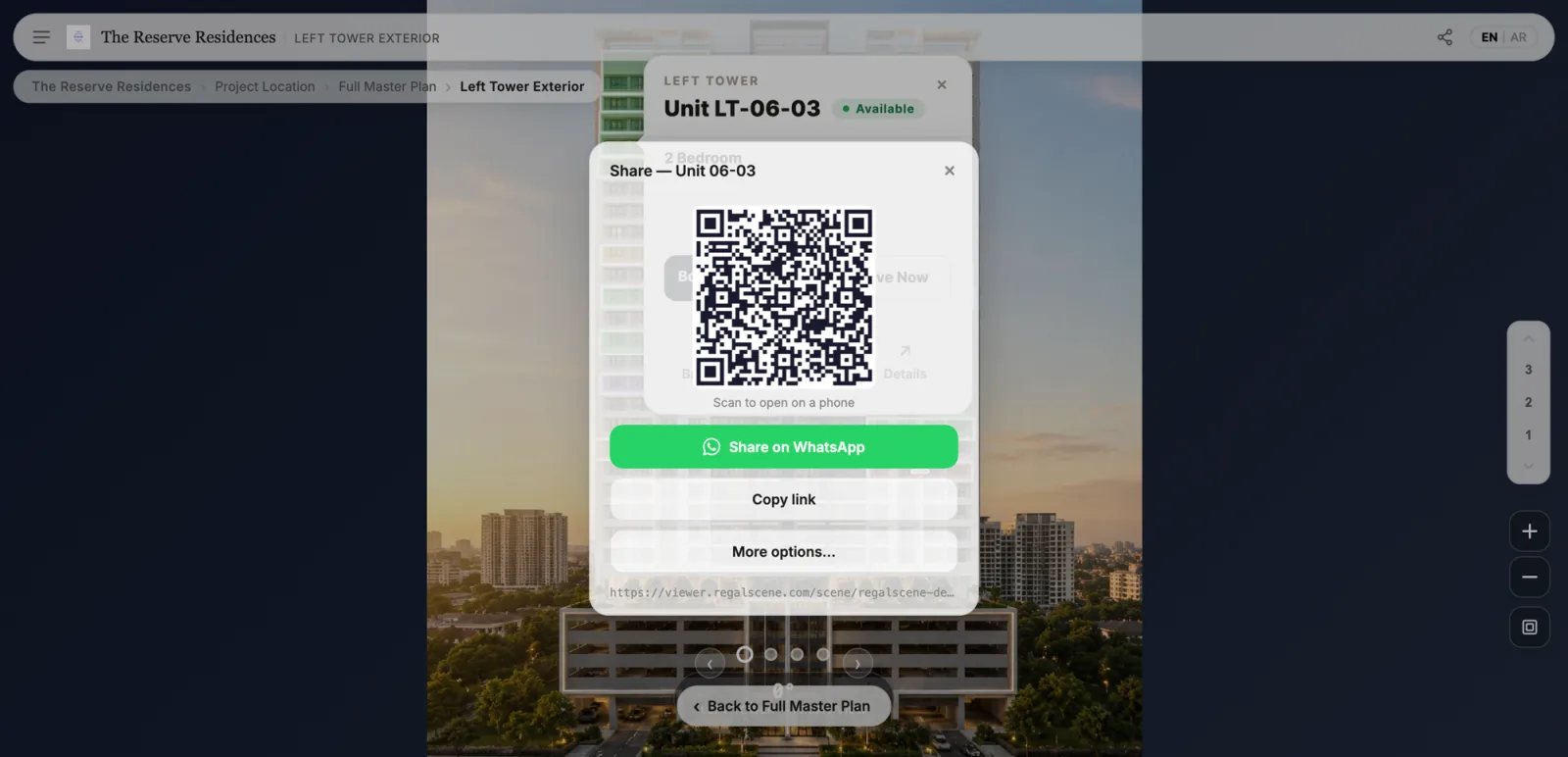 Share dialog for a unit with a scannable QR code, Share on WhatsApp, and copy link options