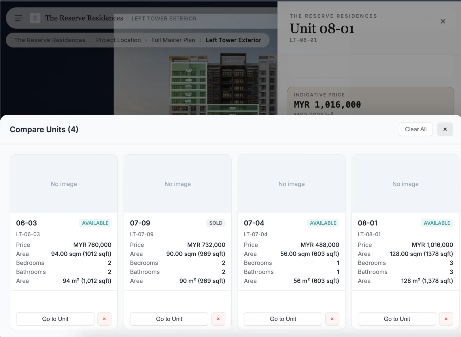 Compare units panel with price, area, beds, and status side by side