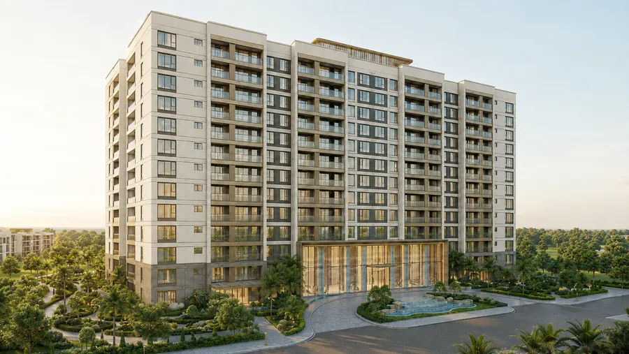 Exterior render of a residential building from a three-quarter angle