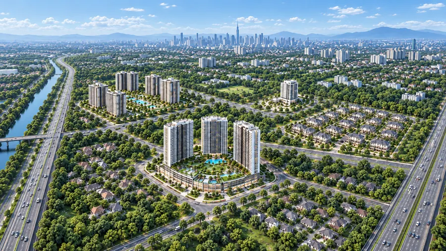 Aerial master plan render of a residential development, as the architect supplied it