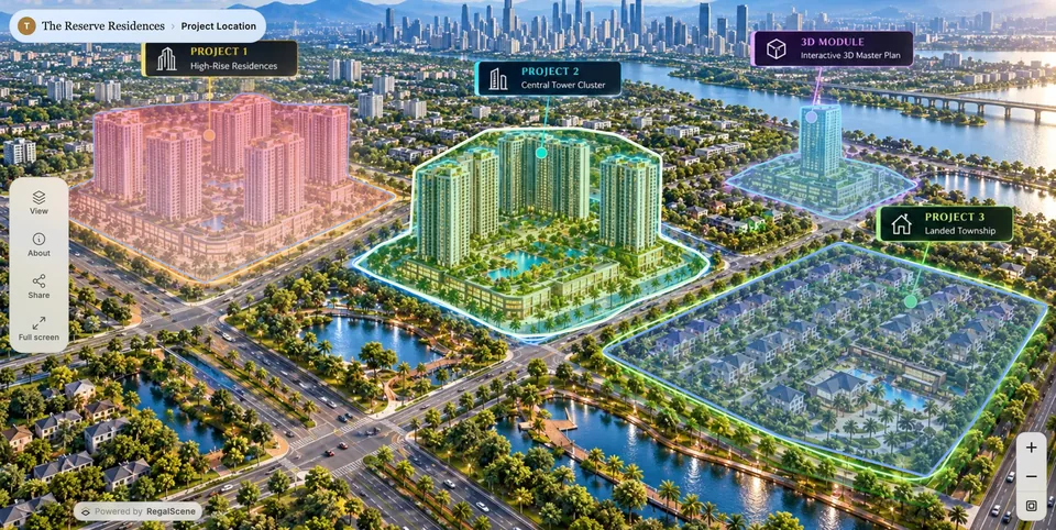 The Reserve Residences project location in RegalScene, with each part of the development outlined on the map