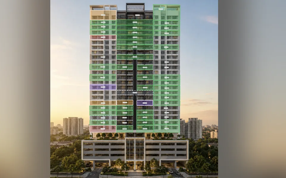 The Reserve Residences in RegalScene: a residential tower with every unit coloured by its current status
