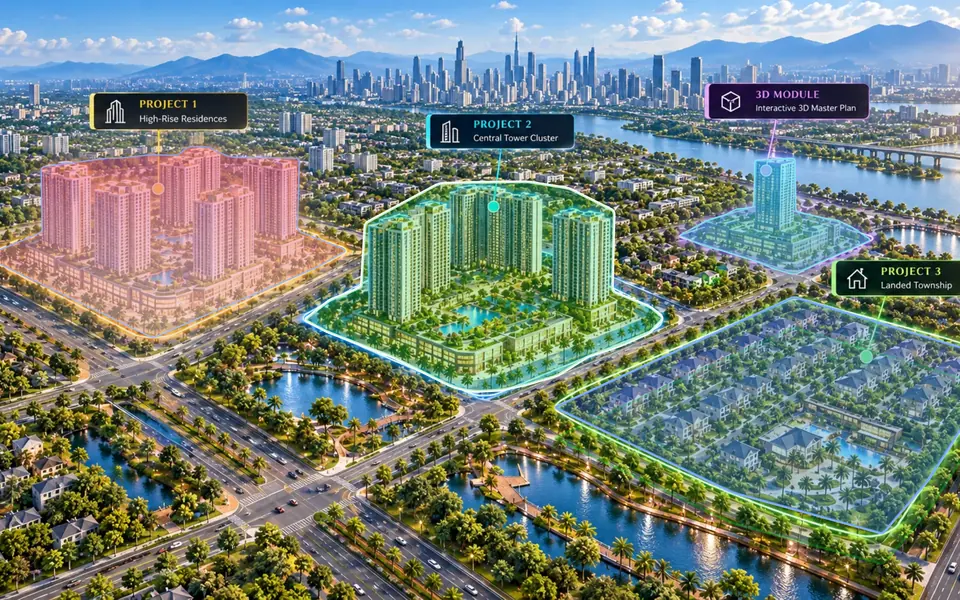 The Reserve Residences in RegalScene: two high-rise projects, a landed township and a 3D module outlined on one masterplan