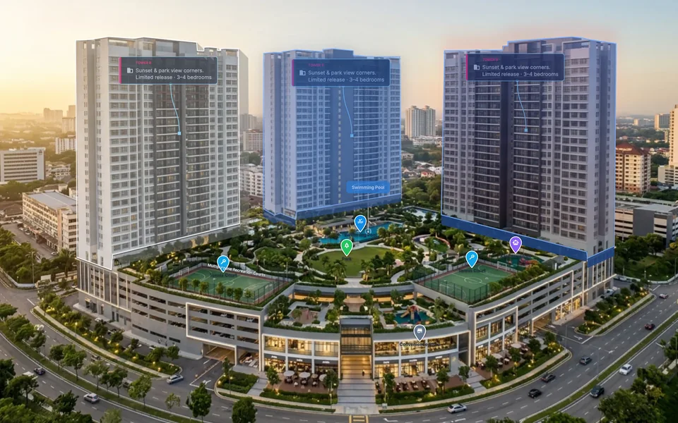 Three residential towers and their shared amenities in RegalScene, each outlined with its details