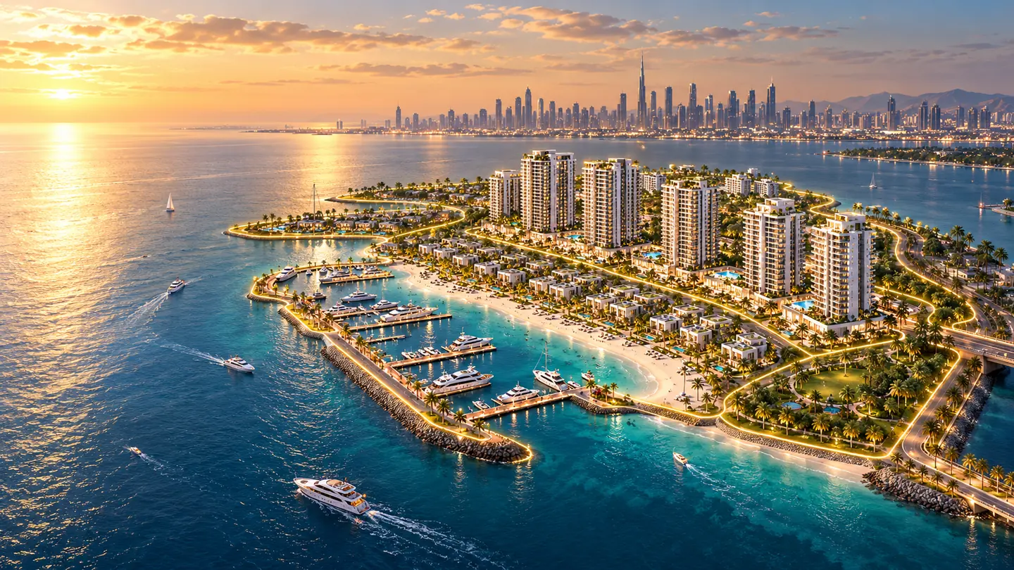 An aerial view of a waterfront development at golden hour, with each zone outlined in gold like an interactive masterplan