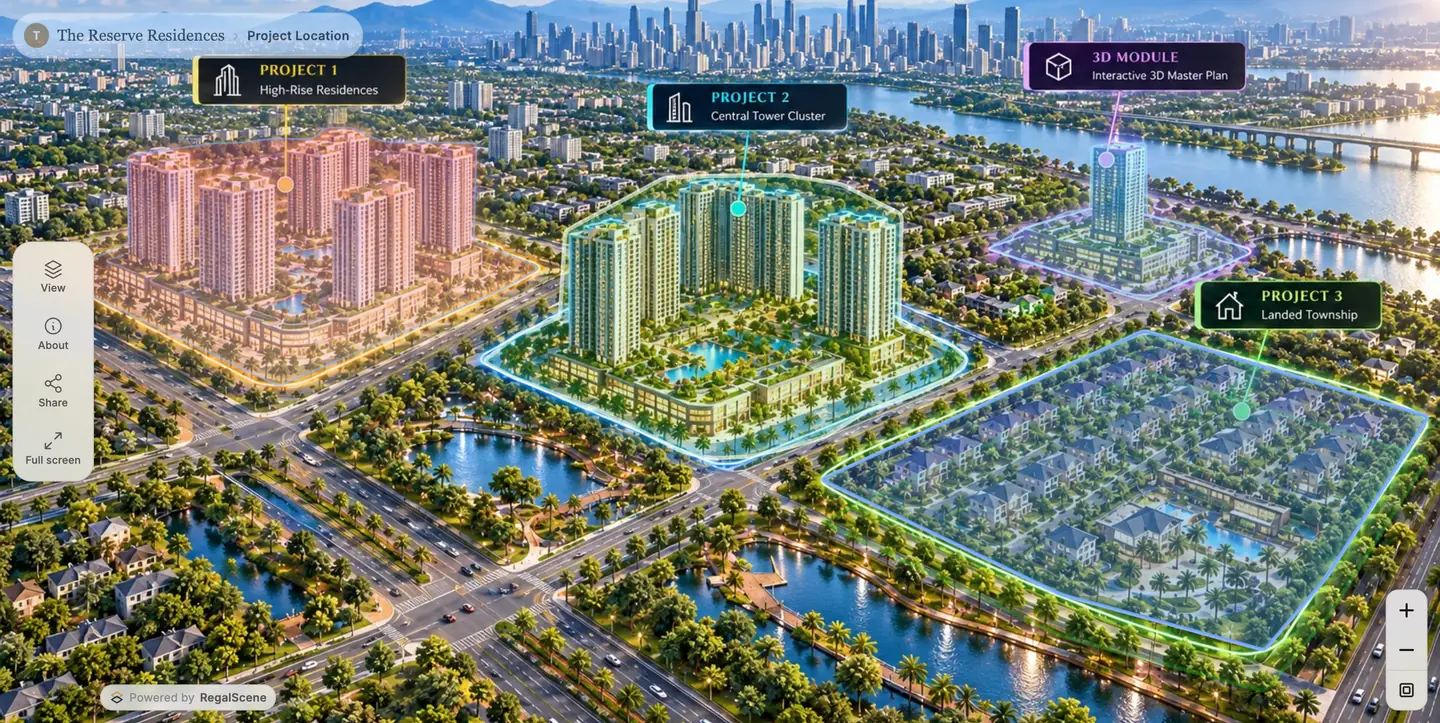 An interactive masterplan of a waterfront development, with three projects outlined and labelled on the plan and a 3D module marked