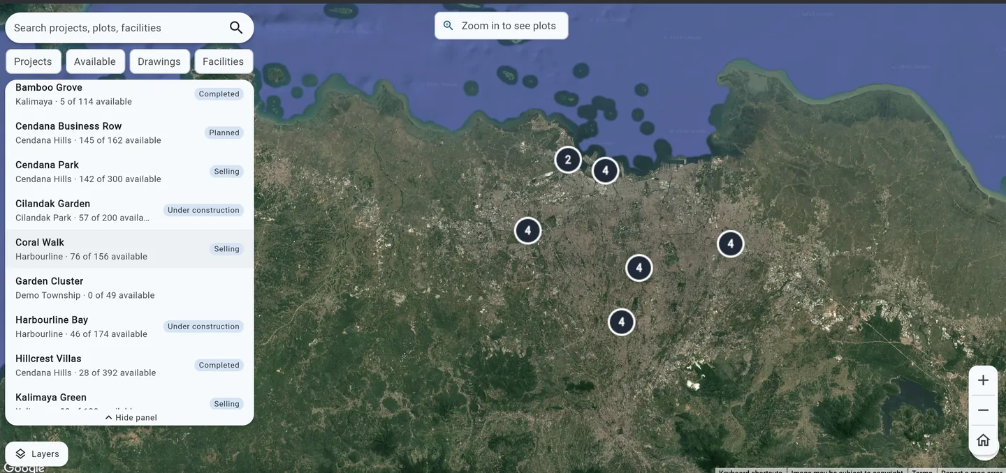 A property portfolio listing every development with its location, availability and stage, beside a map showing where each one sits
