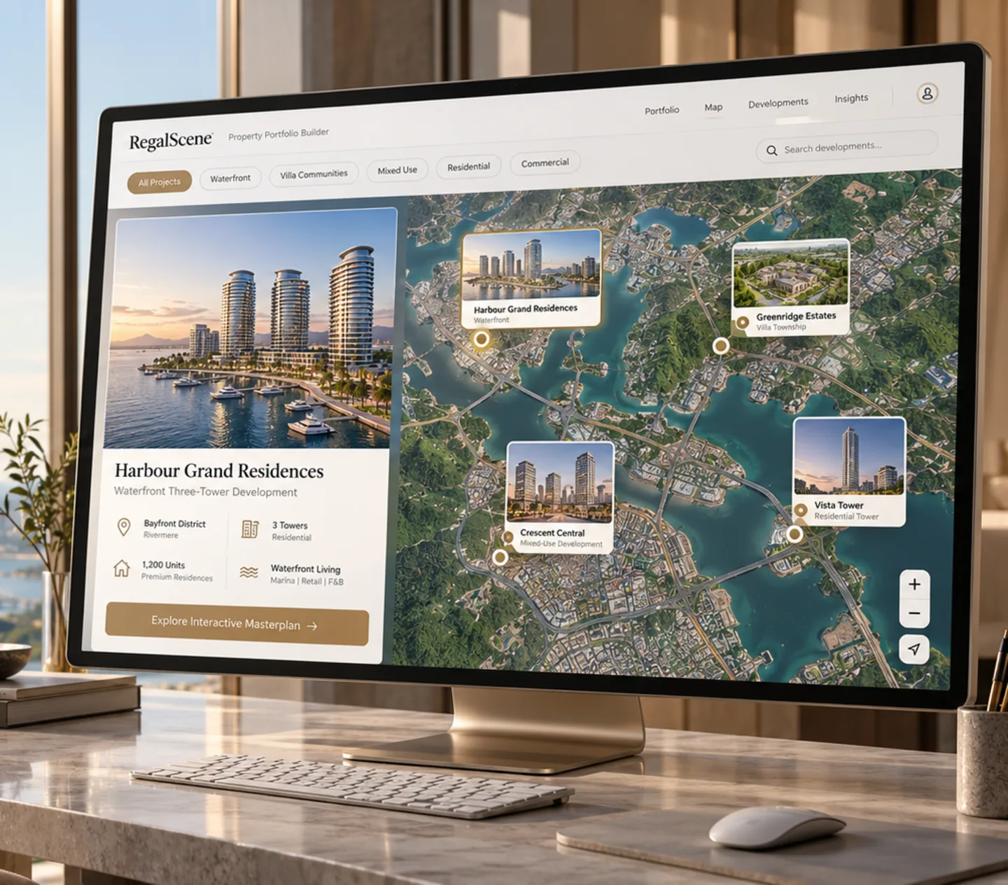 A property group's portfolio open on screen: a map of several developments beside one project's detail card