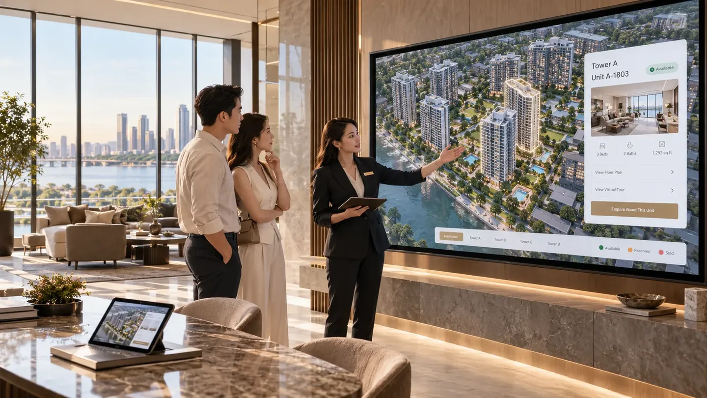 A sales consultant presenting an interactive masterplan on a large gallery screen to a couple, with a tower and its available units open beside it