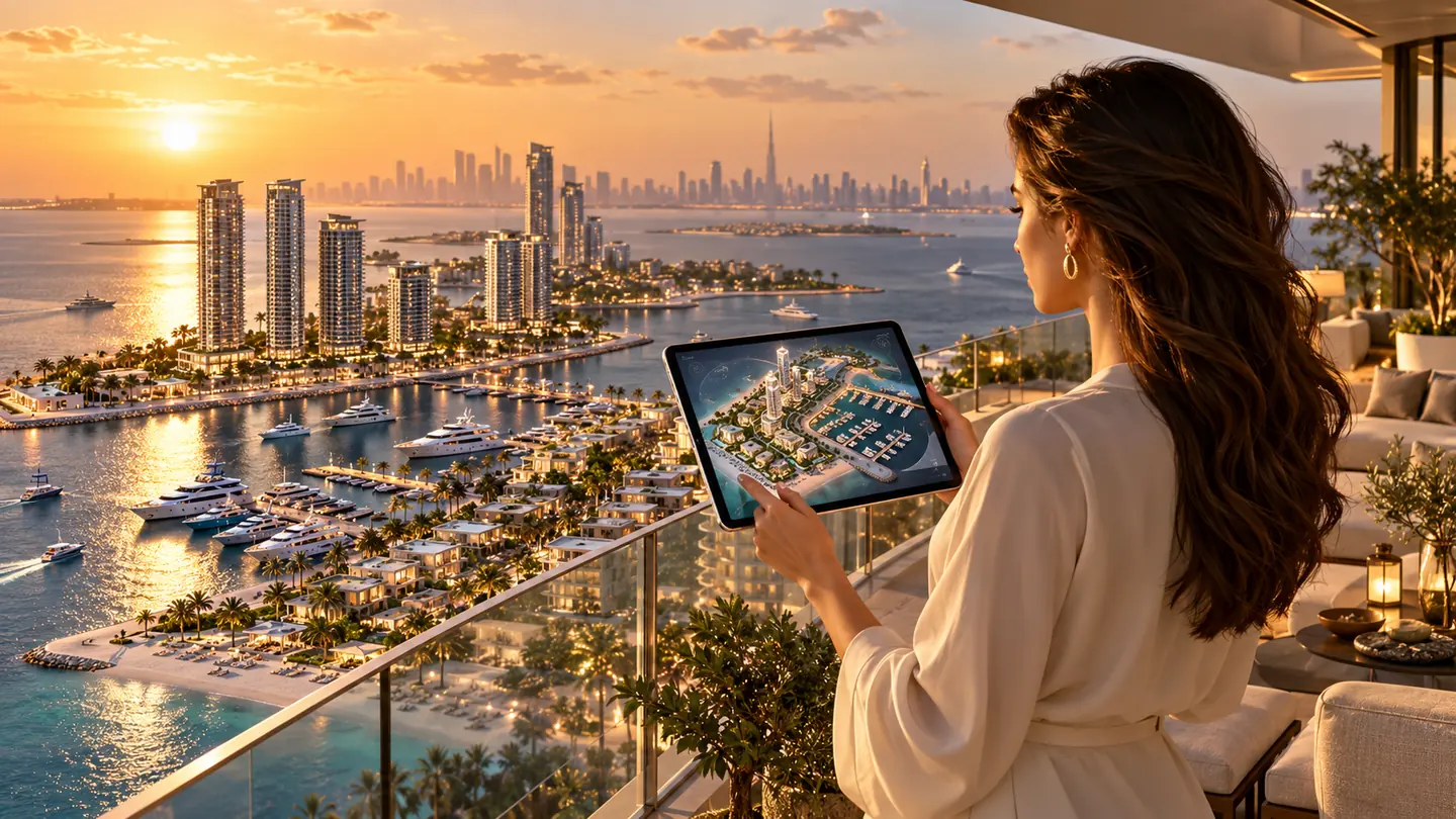 A buyer on a terrace at sunset exploring the development on a tablet, the real development below