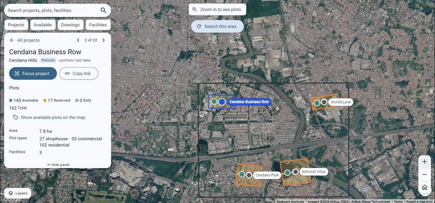 Several property developments drawn at their real extent over satellite imagery, each labelled, with one project's plot counts open